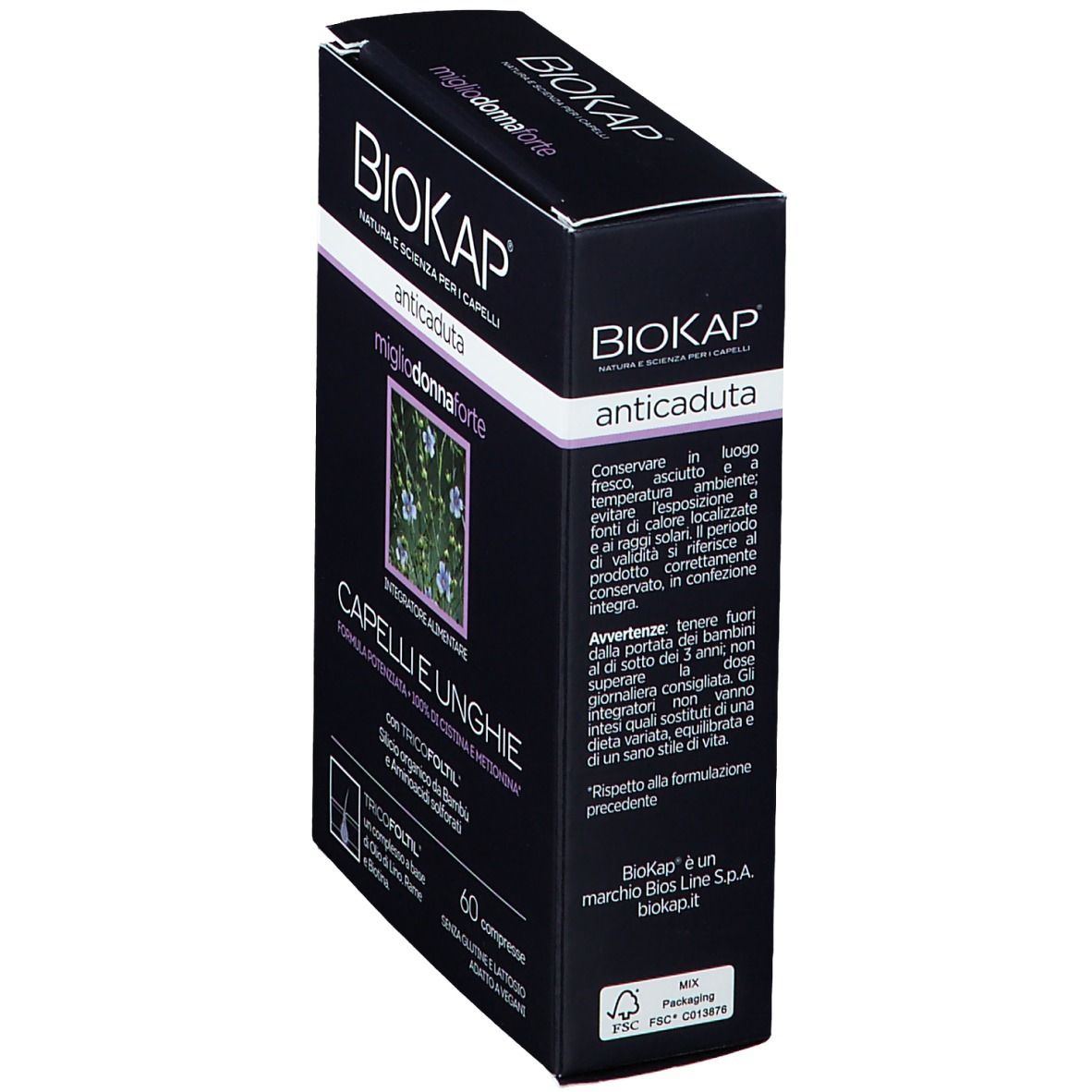 BioKap Anticaduta Miglio Donna Forte. Scatola nera, vista laterale. Testo: Capelli e Unghie, 60 compresse. Certificazione FSC.