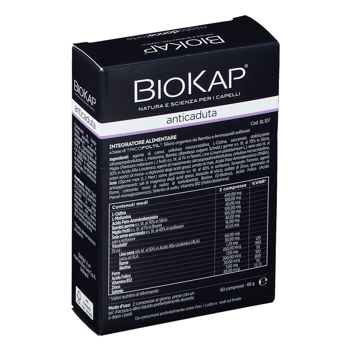 BioKap Anticaduta Miglio Donna Forte. Scatola nera, retro con ingredienti. Testo: 60 compresse.