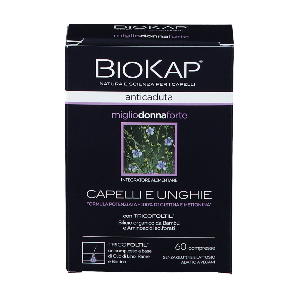 BioKap Anticaduta Miglio Donna Forte. Scatola nera con informazioni sul prodotto. Scritto: Capelli e Unghie, 60 compresse.