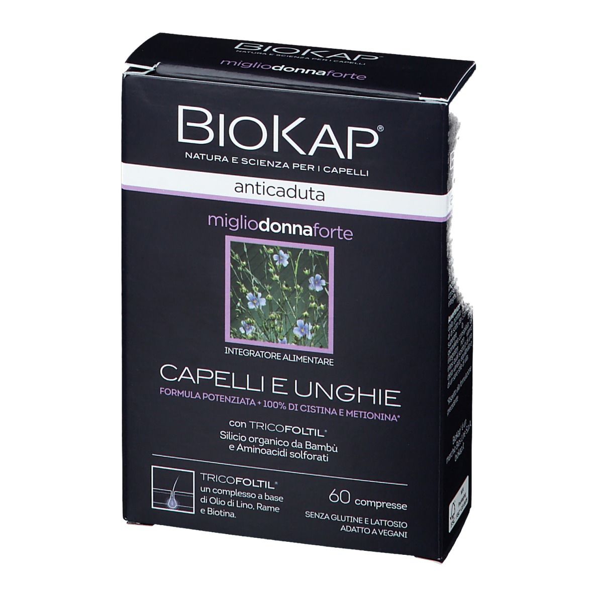BioKap Anticaduta Miglio Donna Forte. Scatola nera con informazioni sul prodotto. Scritto: Capelli e Unghie, 60 compresse.