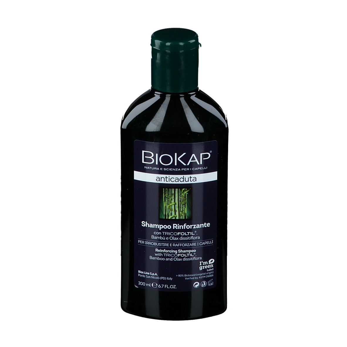 Schwarze Shampoo-Flasche mit grünem Deckel. Aufschrift: BIOKAP, Shampoo Rinforzante, Anticauduta. Bambus-Motiv.