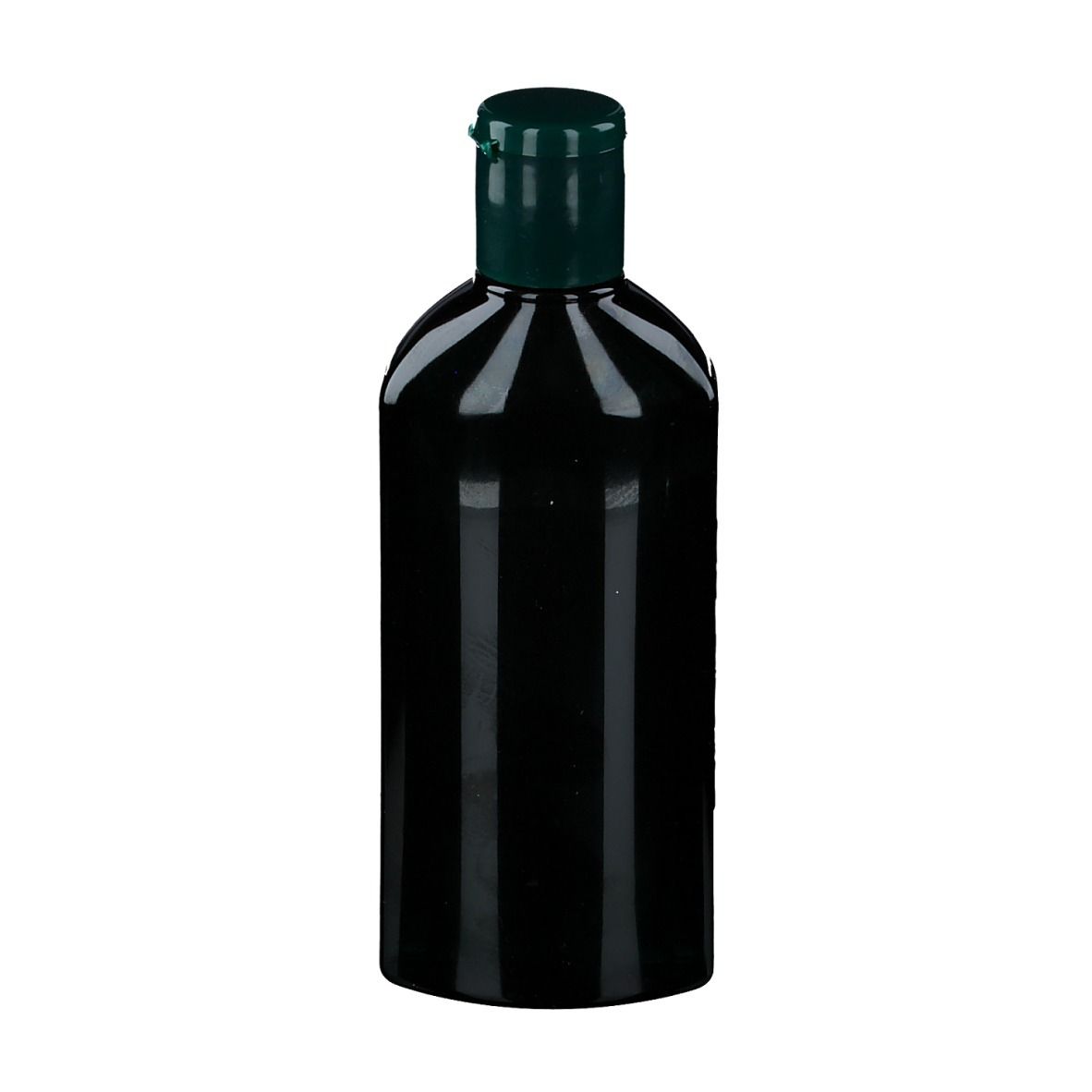 Schwarze Shampoo-Flasche mit grünem Deckel. Aufschrift: BIOKAP, Anticauduta. Ohne Verpackung.
