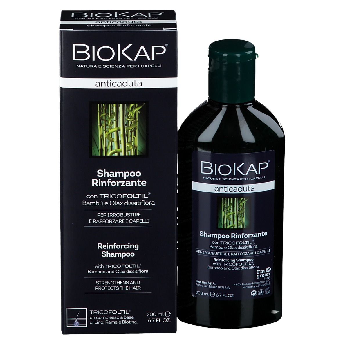 Schwarze Shampoo-Flasche und -Verpackung. Aufschrift: BIOKAP, Shampoo Rinforzante, Anticauduta. Bambus-Motiv.