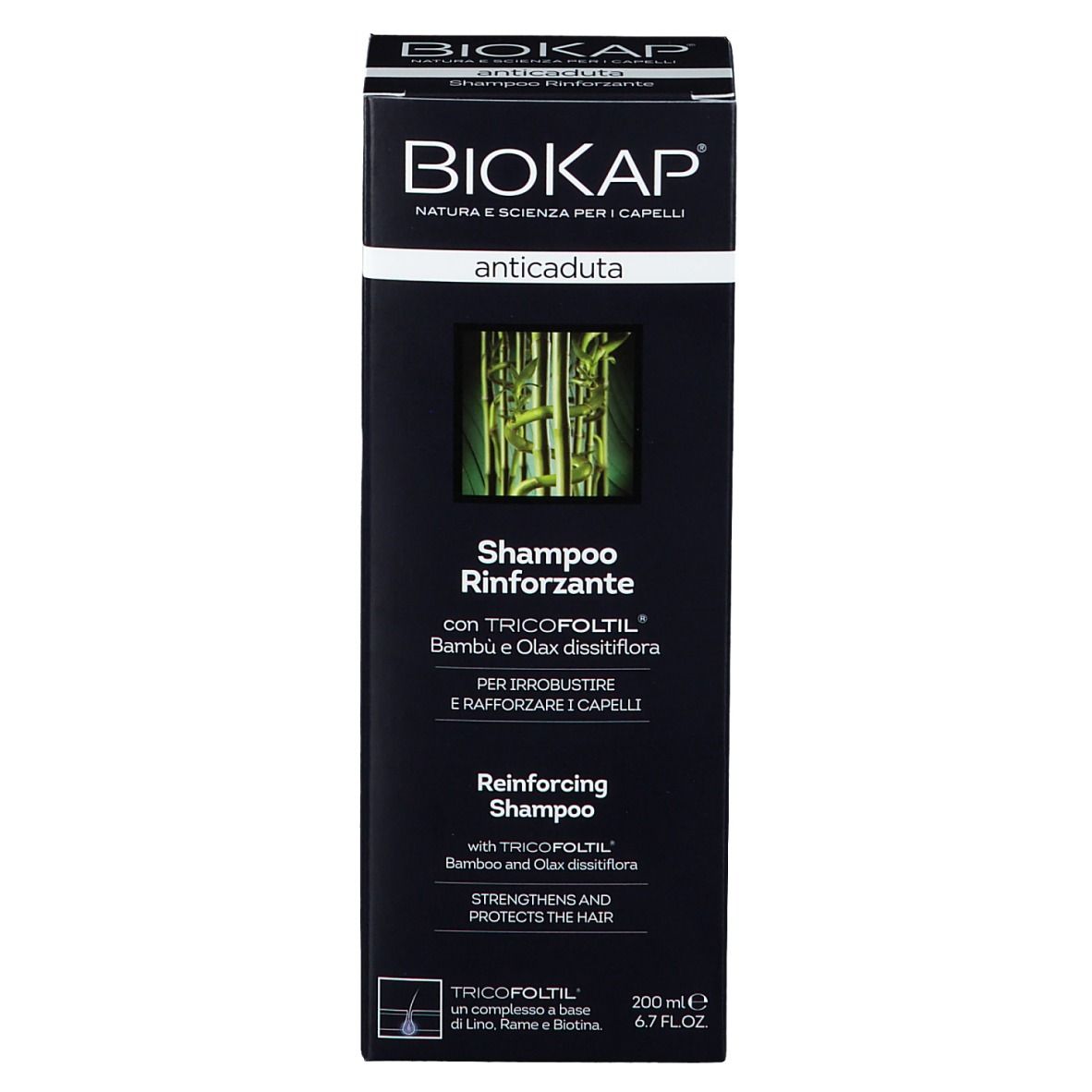 Schwarze Verpackung mit Aufschrift: BIOKAP, Shampoo Rinforzante, Anticauduta. Bambus-Motiv.