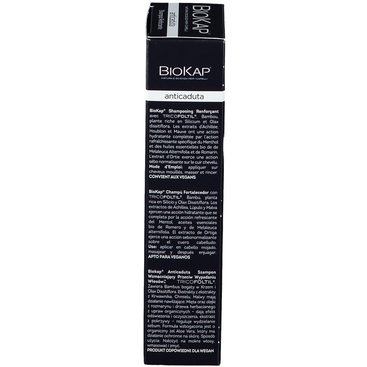 Schwarze Verpackung, Seitenansicht. Aufschrift: BIOKAP, Shampoo Rinforzante, Anticauduta. Produktinformationen.