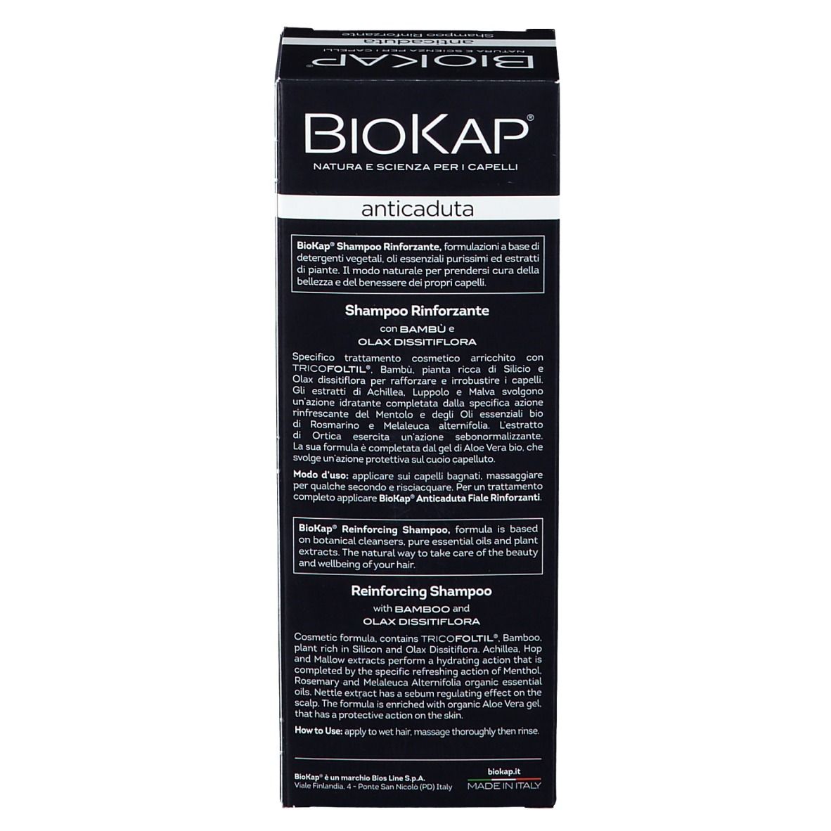 Schwarze Verpackung, Rückseite. Aufschrift: BIOKAP, Shampoo Rinforzante, Produktbeschreibung, Anwendung.