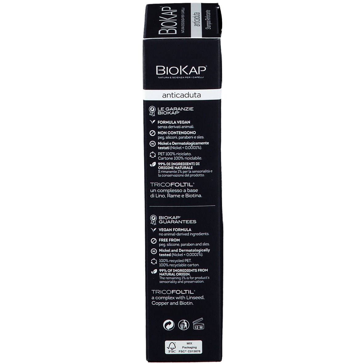 Schwarze Verpackung, Seite. Aufschrift: BIOKAP, Anticauduta, Produktgarantien, Inhaltsstoffe.