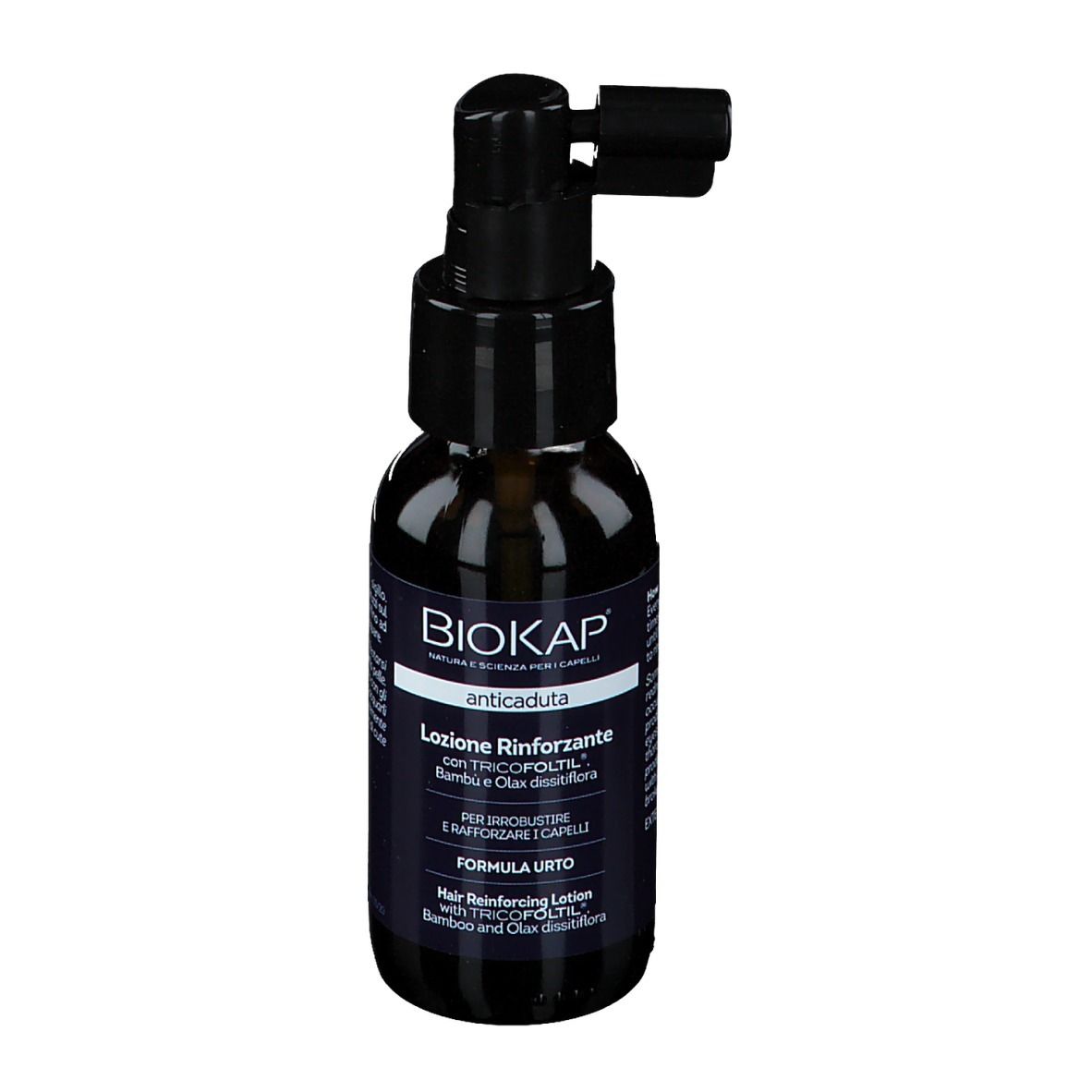 Braune Flasche mit schwarzem Sprühkopf. Aufschrift: BIOKAP Anticaduta, Lotion. Für Haare.