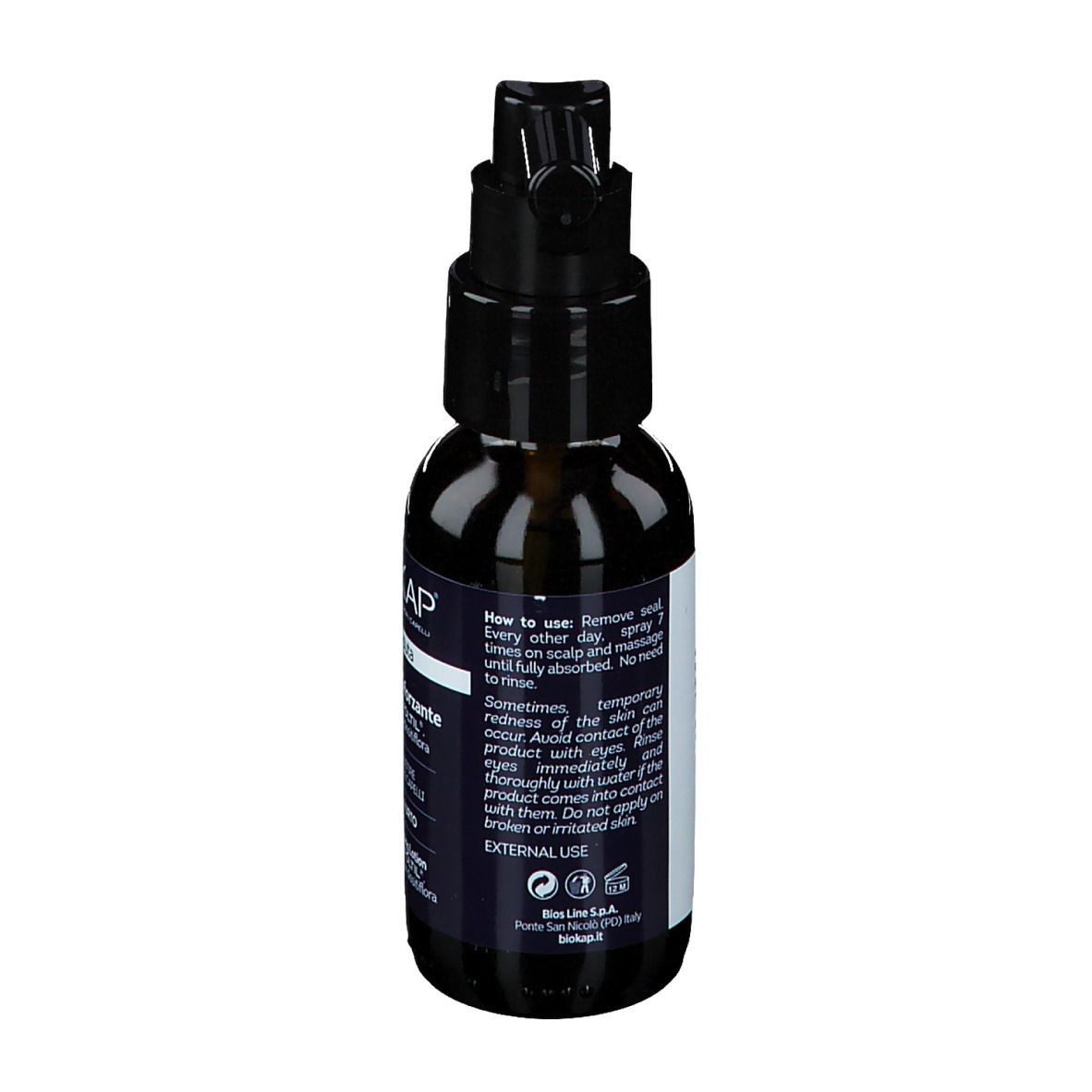 Braune Flasche mit schwarzem Sprühkopf. Rückseite mit Text. Aufschrift: BIOKAP Anticaduta.