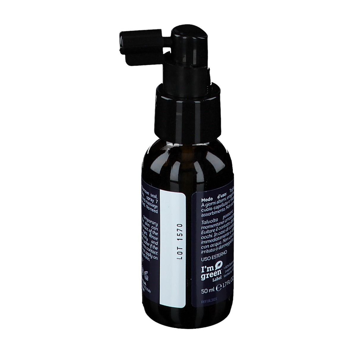 Braune Flasche mit schwarzem Sprühkopf. Rückseite mit Text. Aufschrift: BIOKAP Anticaduta.