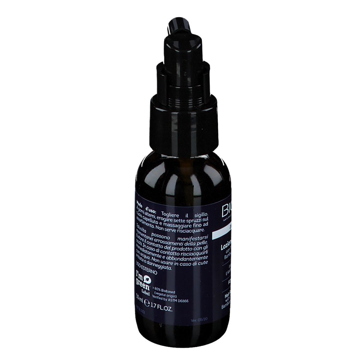Braune Flasche mit schwarzem Sprühkopf. Rückseite mit Text. Aufschrift: BIOKAP Anticaduta.