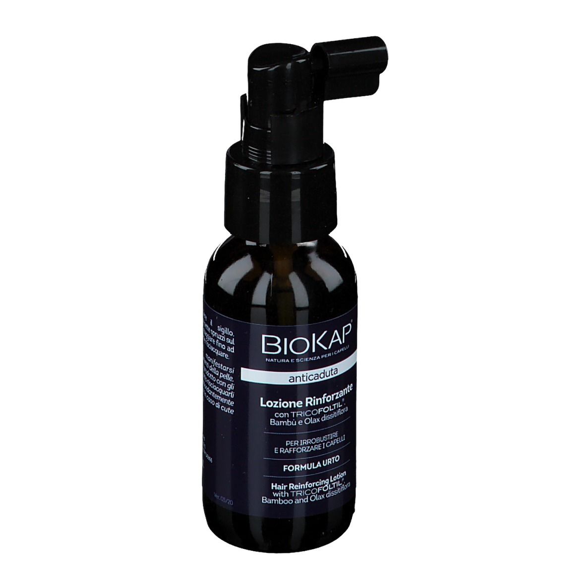 Braune Flasche mit schwarzem Sprühkopf. Aufschrift: BIOKAP Anticaduta, Lotion. Für Haare.