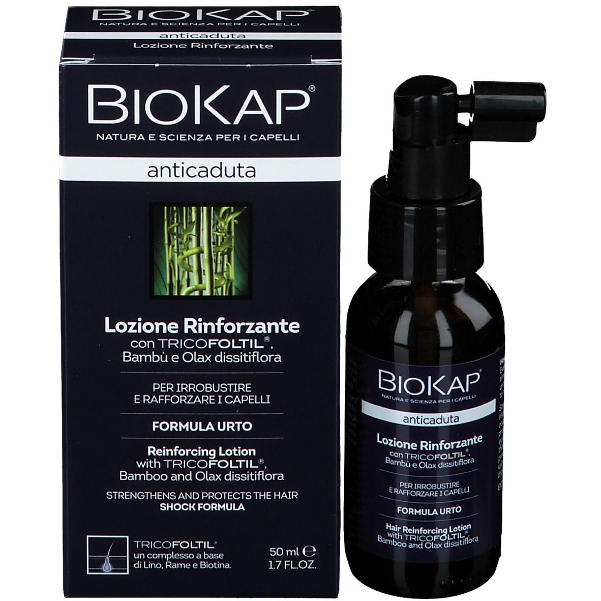 Braune Flasche und Schachtel. Aufschrift: BIOKAP Anticaduta, Lotion. Mit Sprühkopf.