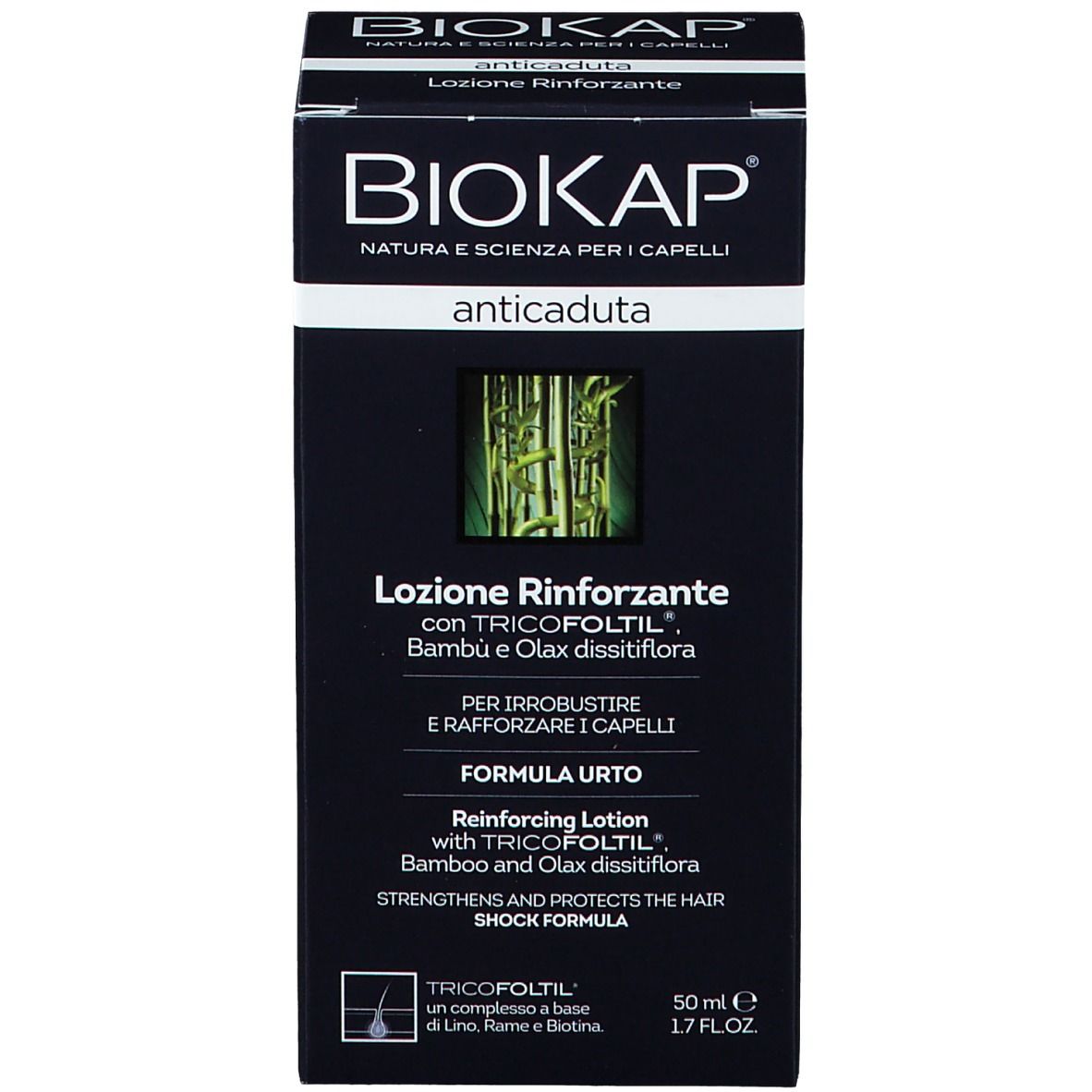Schwarze Schachtel. Aufschrift: BIOKAP Anticaduta, Lotion. Mit Abbildung von Bambus.