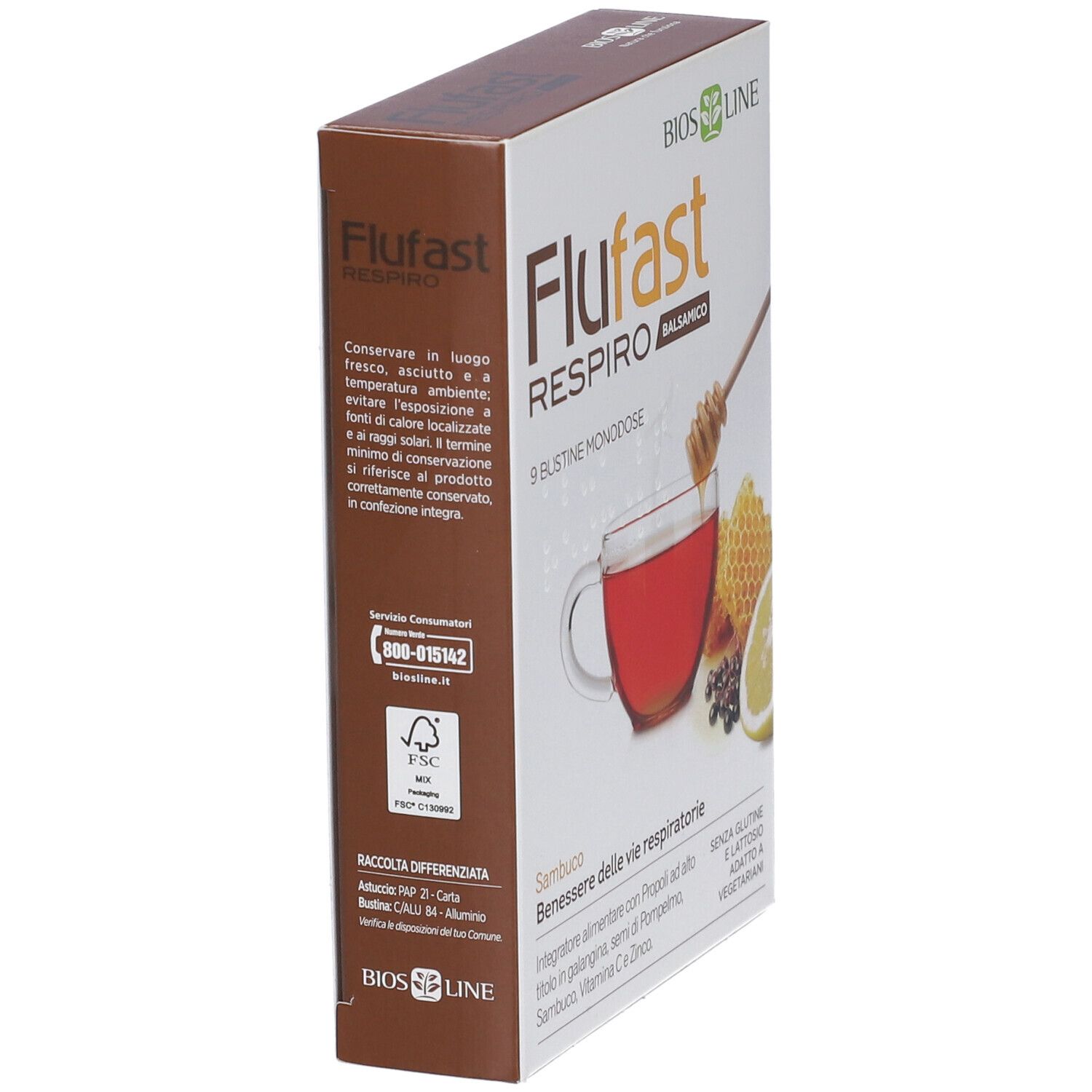 Flufast Respiro Balsamico Karton mit Produktinformationen und FSC-Logo.