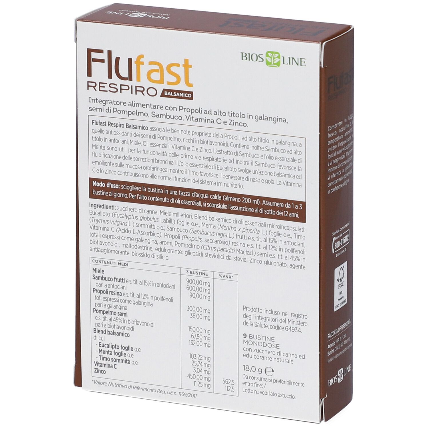 Flufast Respiro Balsamico: Zutatenliste und Nährwertangaben auf der Rückseite.