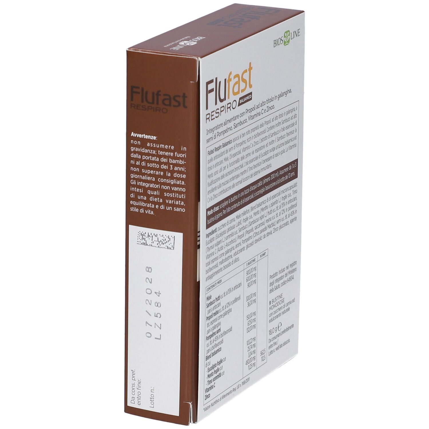 Flufast Respiro Balsamico: Warnhinweise und Verfallsdatum auf der Seitenlasche.