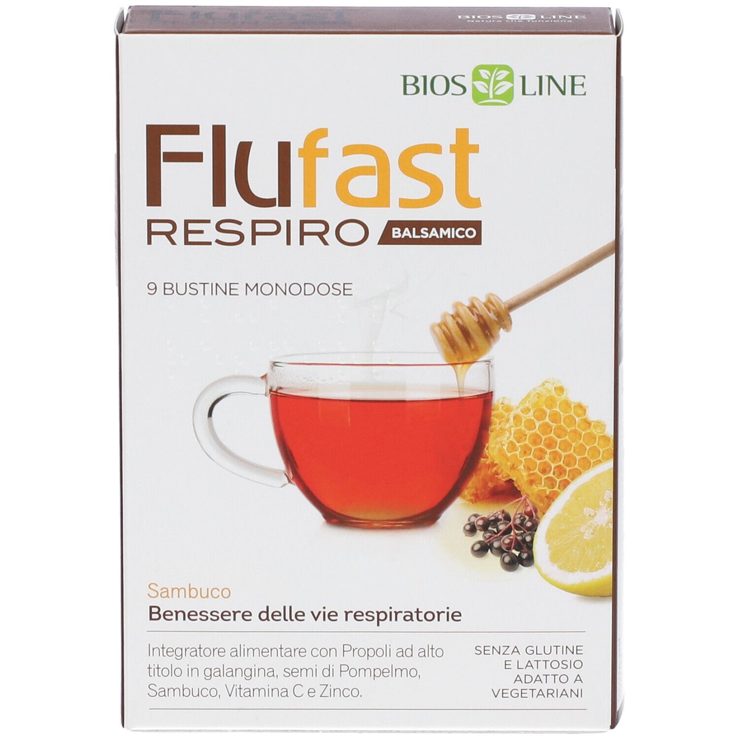 Flufast Respiro Balsamico: 9 Beutel mit Honig, Zitrone und Beeren.