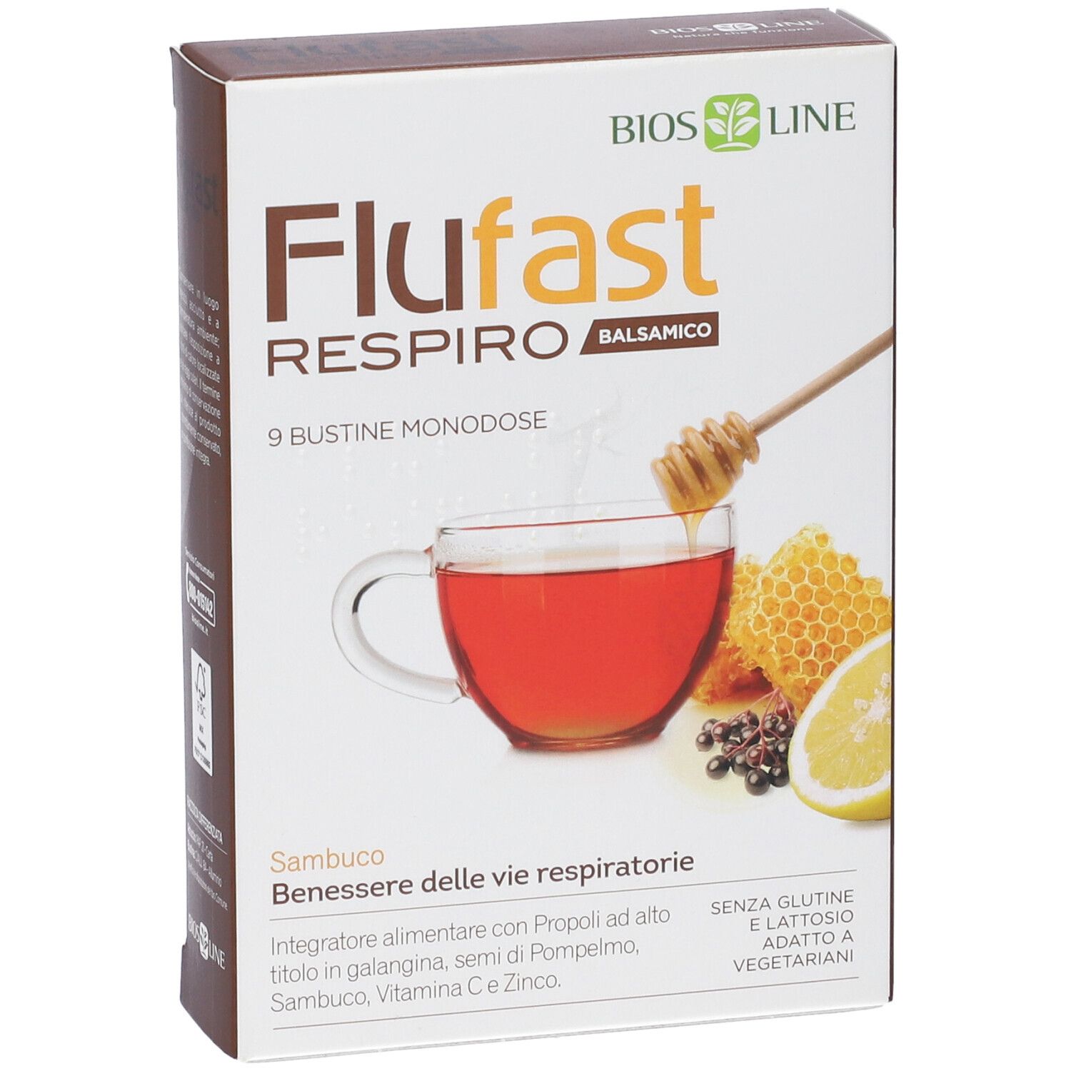 Flufast Respiro Balsamico: 9 Beutel mit Honig, Zitrone und Beeren.