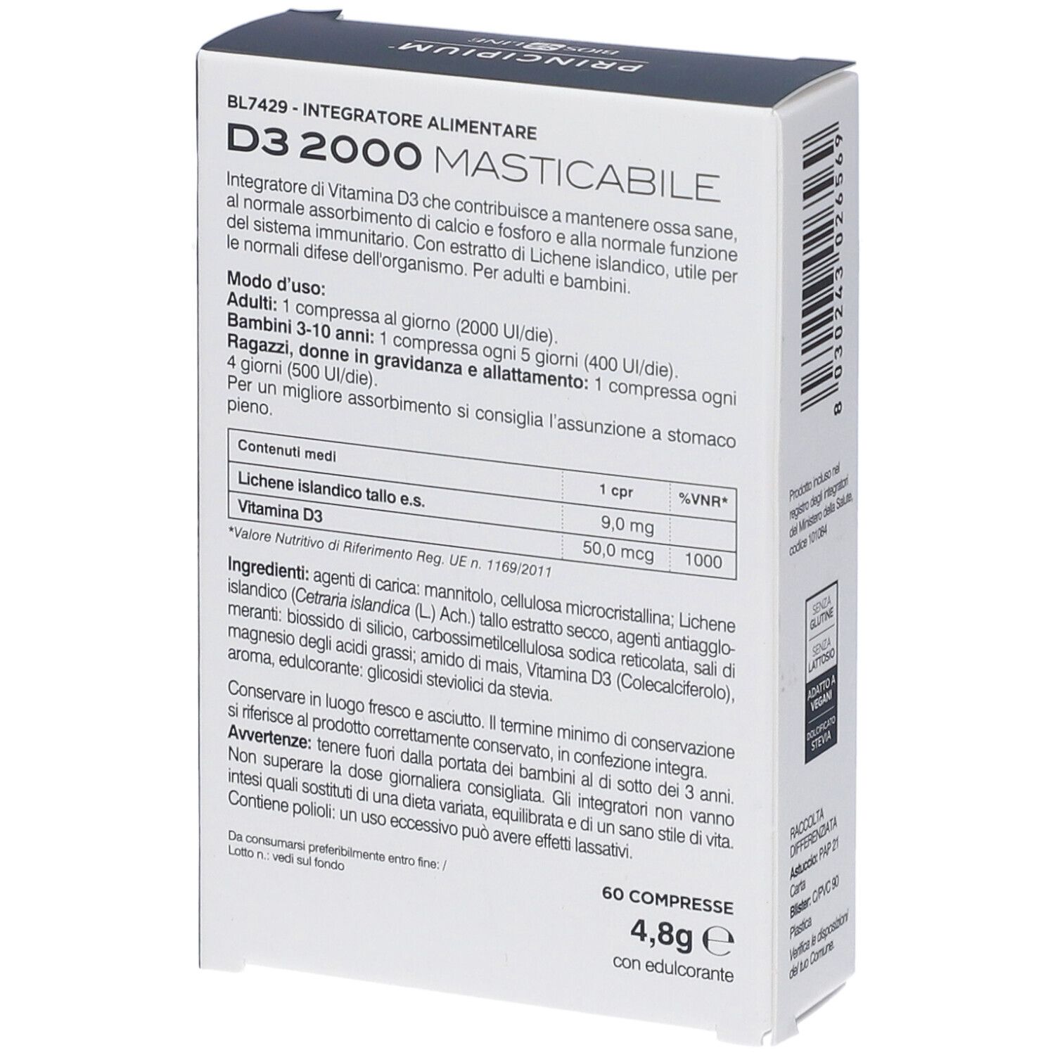 Seite der BIOS LINE Principium D3 2000 Masticabile Verpackung mit detaillierten Produktinformationen und Inhaltsstoffen.