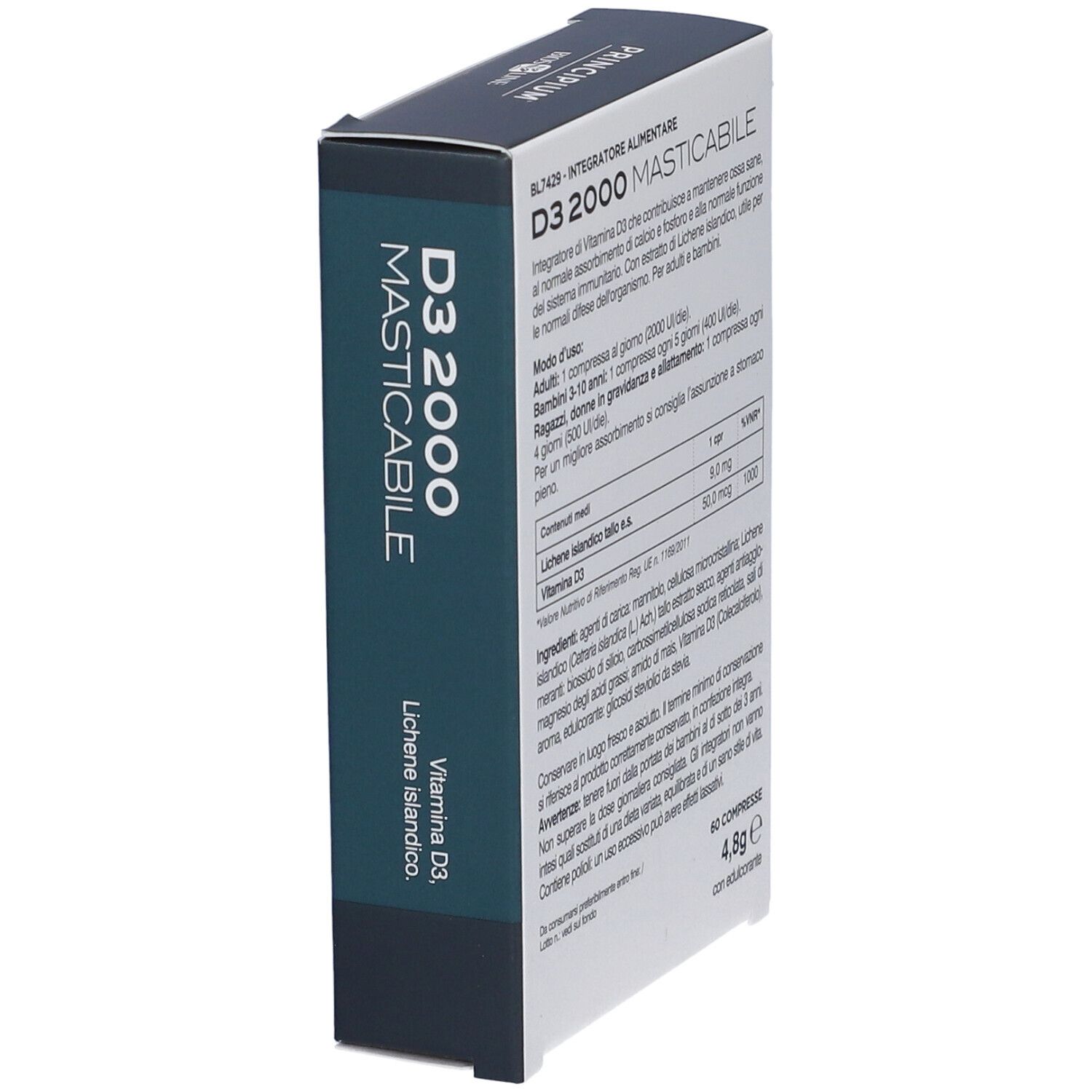 Seitenansicht der BIOS LINE Principium D3 2000 Masticabile Verpackung mit detaillierten Produktinformationen.