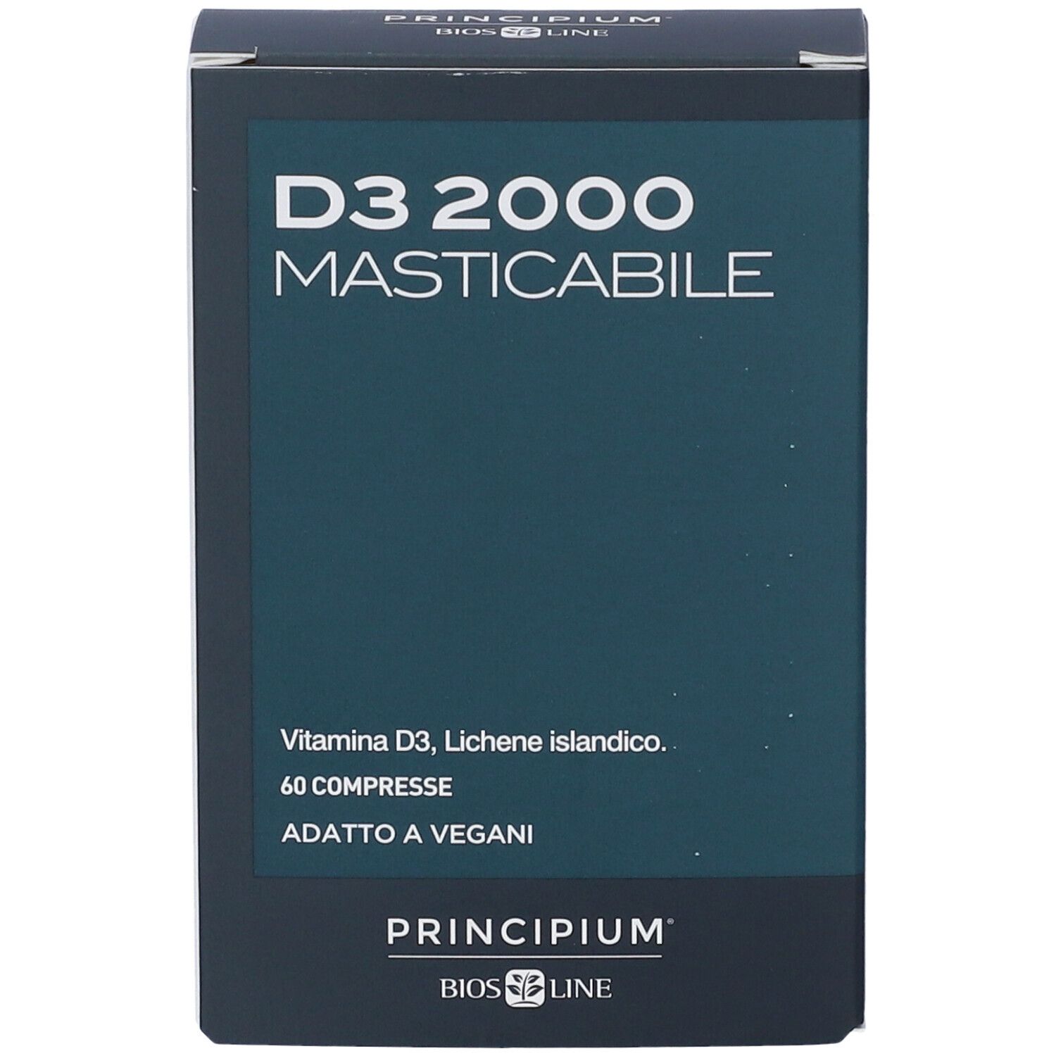 Vorderseite der BIOS LINE Principium D3 2000 Masticabile Verpackung. Enthält 60 Tabletten. Für Veganer geeignet.