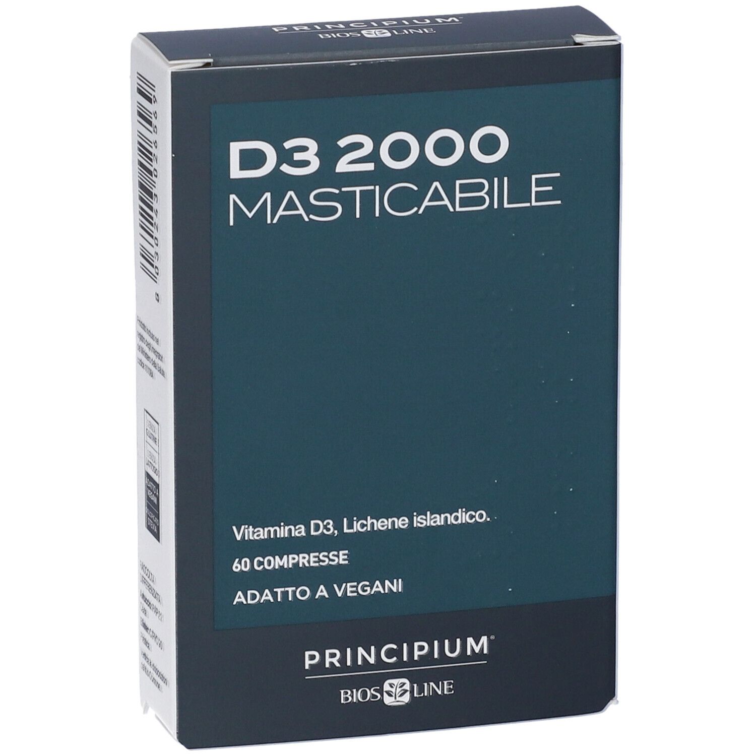 BIOS LINE Principium D3 2000 Masticabile Verpackung, Vorderansicht. Enthält 60 Tabletten. Für Veganer geeignet.