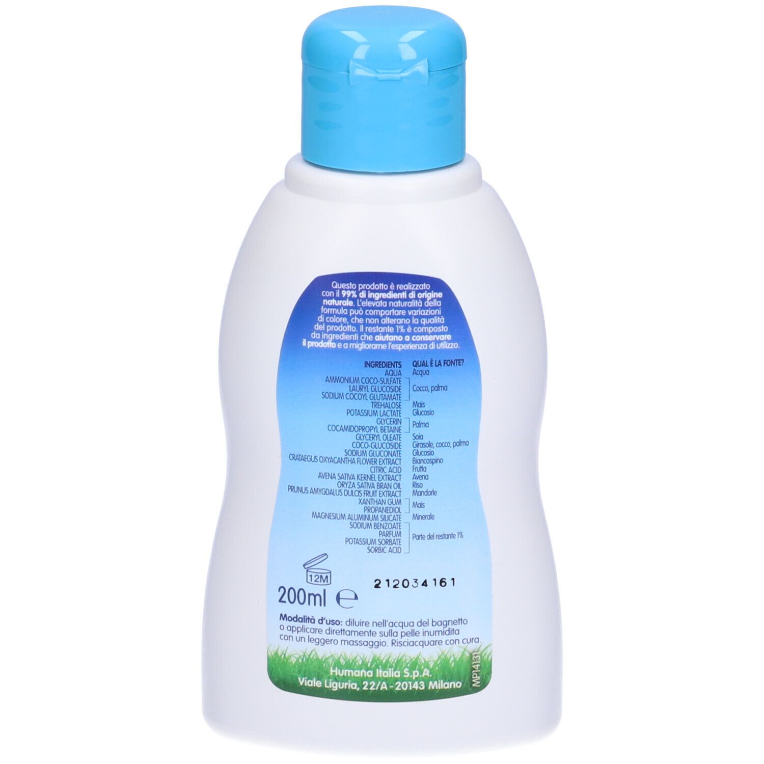 Weiße Flasche mit blauem Klappdeckel und Etikett mit Inhaltsstoffen und 200ml Angabe.