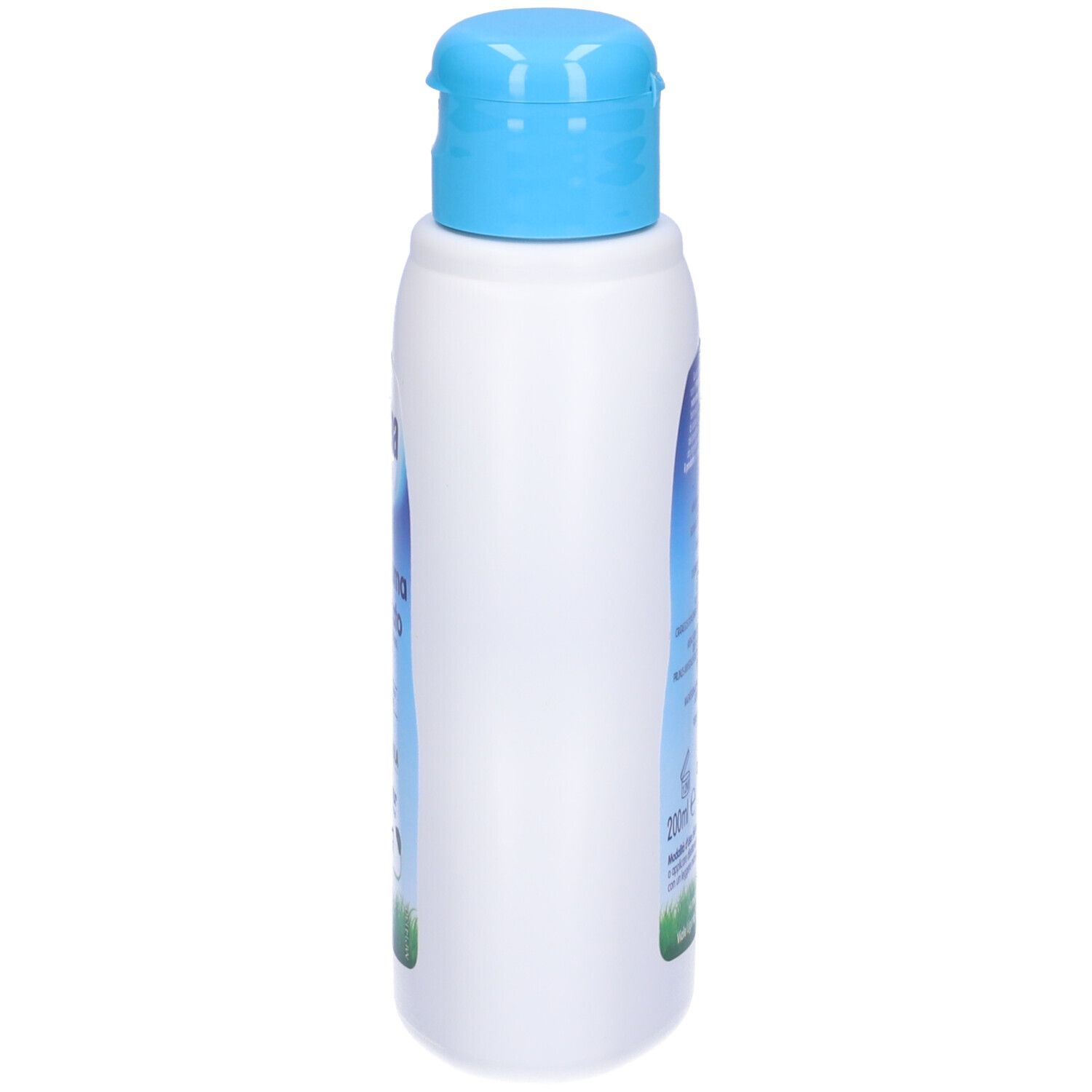Weiße Flasche mit blauem Klappdeckel, Etikett mit blauen und grünen Akzenten.