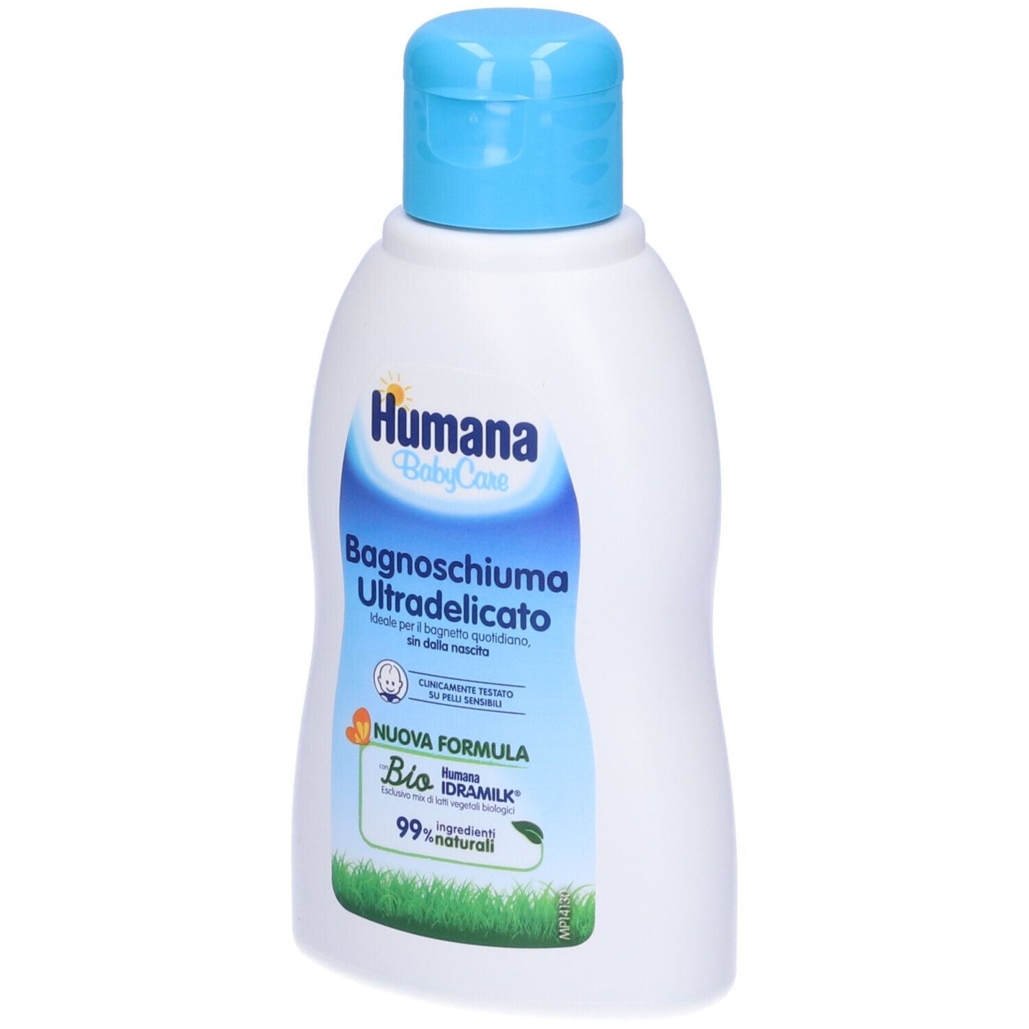 Weiße Flasche mit blauem Klappdeckel, Humana BabyCare Bagnoschiuma Ultradelicato, 99% natürliche Inhaltsstoffe.
