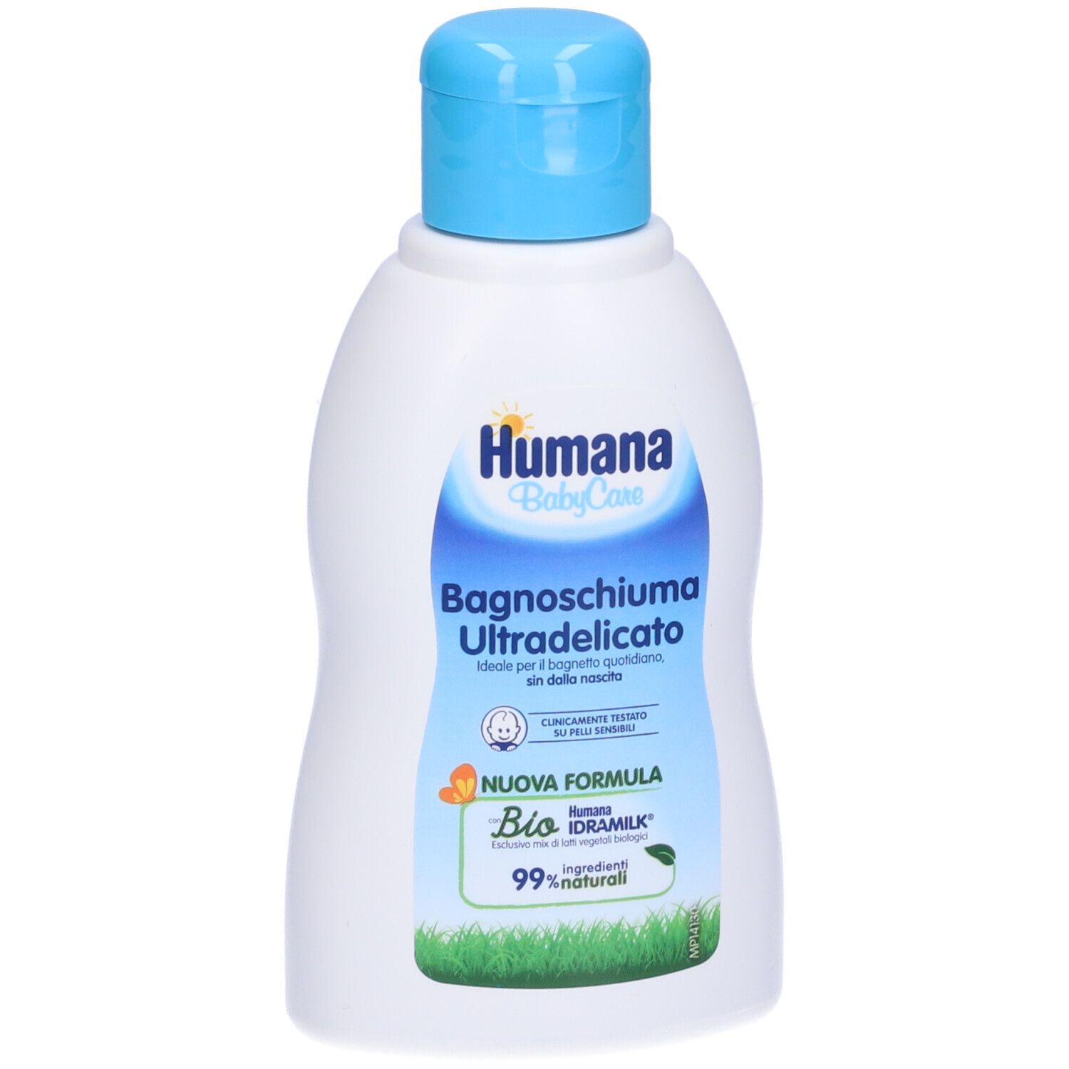 Weiße Flasche mit blauem Klappdeckel, Humana Baby Care Badeschaum, "Ultradelicato" Aufschrift, 99% natürliche Inhaltsstoffe.