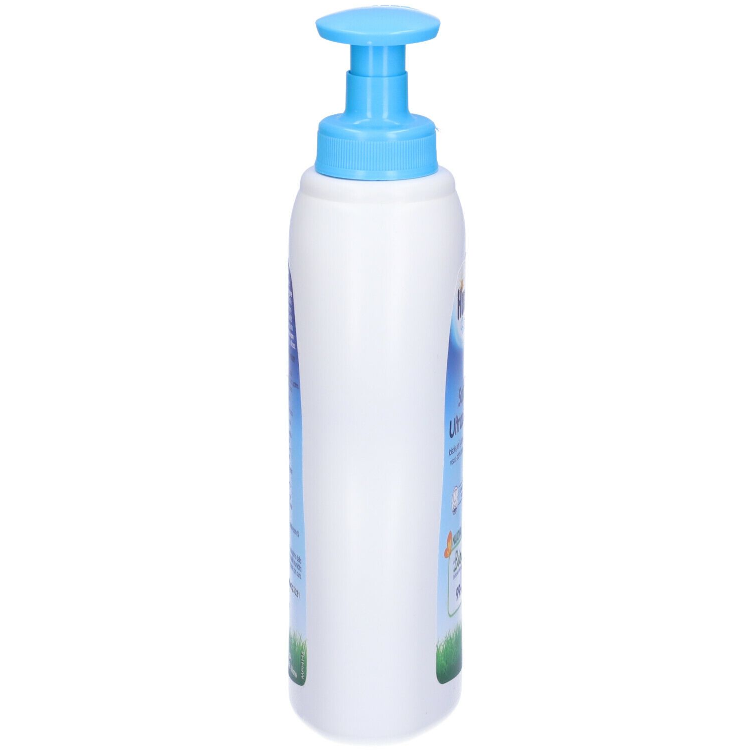 Flacone bianco con dosatore blu, vista laterale. Scritta Humana BabyCare, Sapone Ultradelicato.