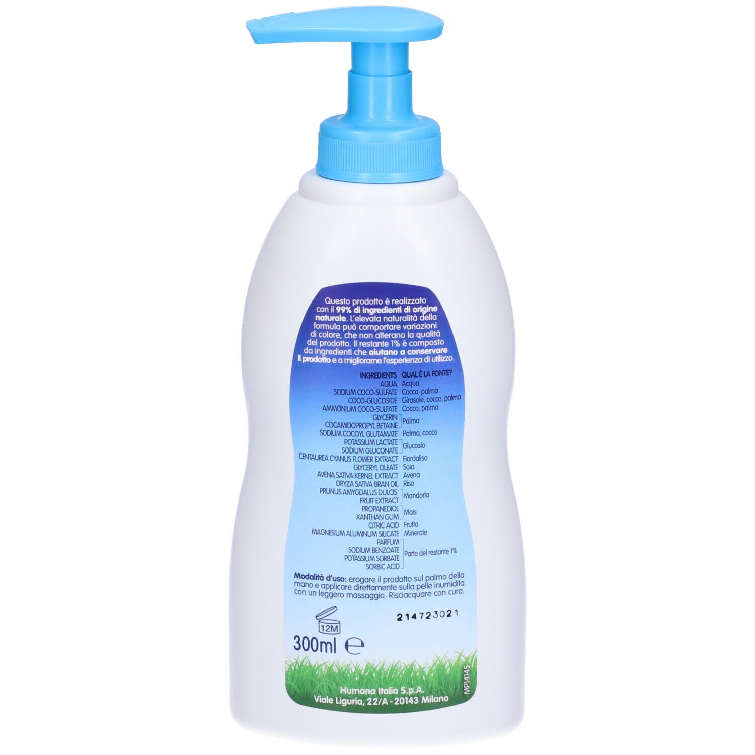 Retro di un flacone bianco con dosatore blu. Scritta Humana BabyCare, ingredienti, 300ml.