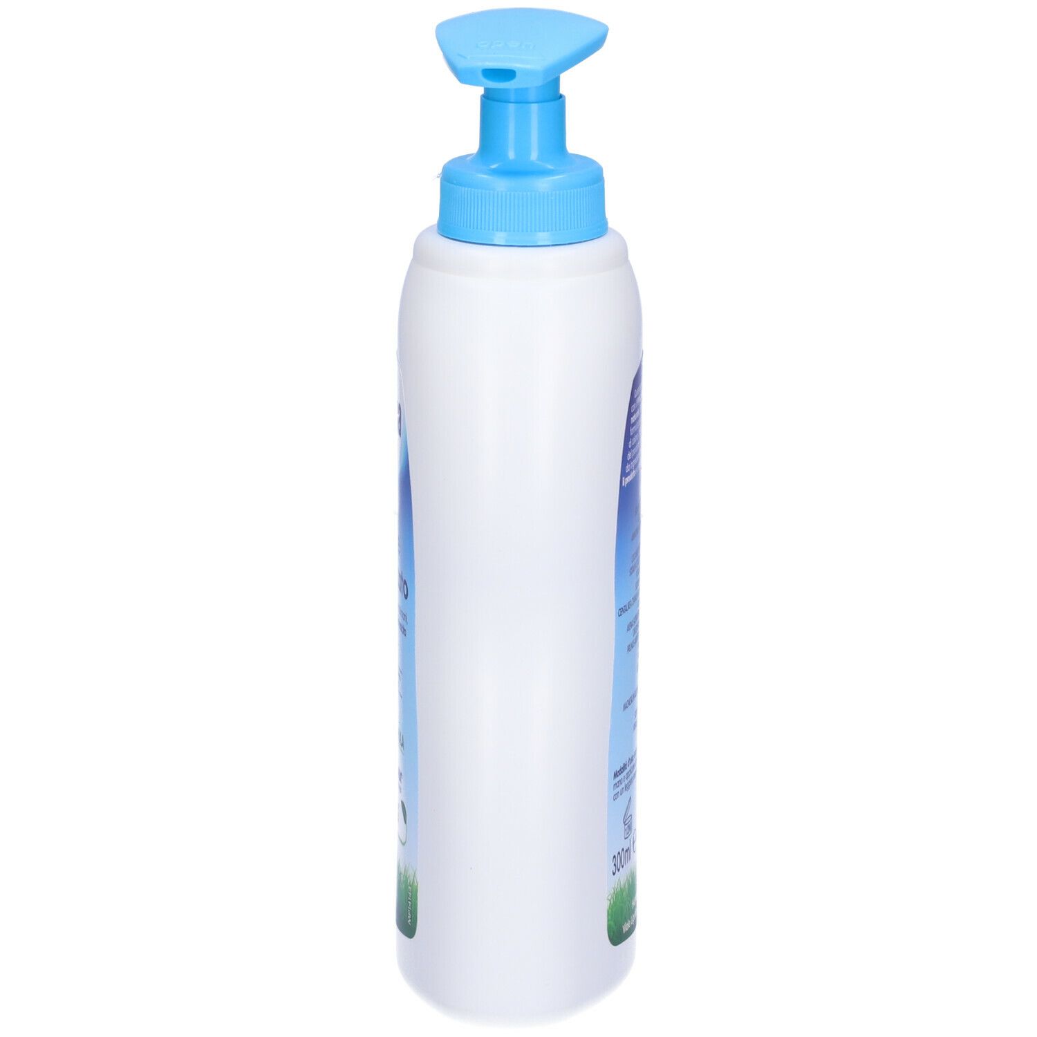 Flacone bianco con dosatore blu, vista laterale. Scritta Humana BabyCare, Sapone Ultradelicato.