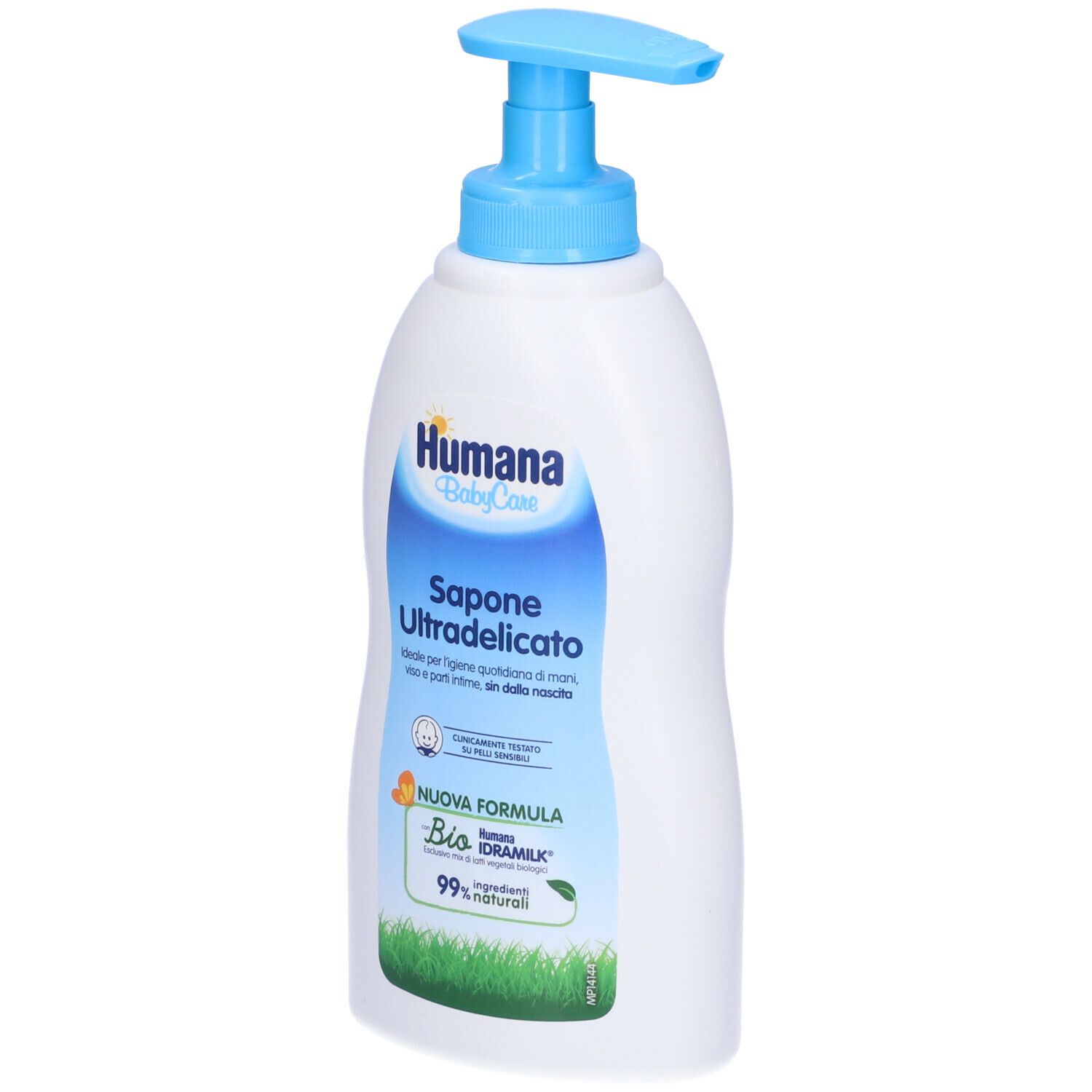 Flacone bianco con dosatore blu. Scritta Humana BabyCare, Sapone Ultradelicato. Grafica verde e bianca.