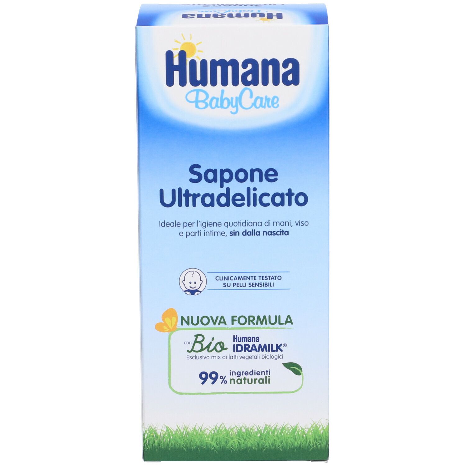 Confezione del prodotto. Scritta Humana BabyCare, Sapone Ultradelicato. Grafica verde e bianca.
