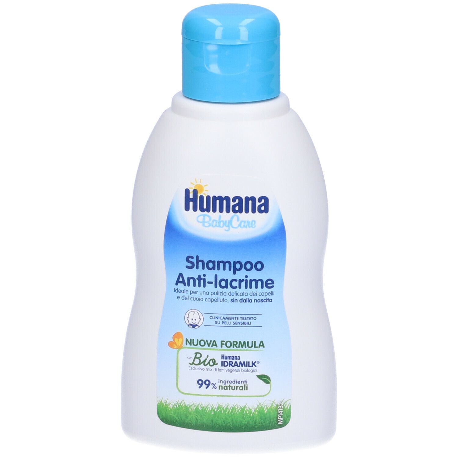Flacone bianco con tappo blu. Scritta: Humana BabyCare Shampoo Anti-lacrime. Con certificazione bio.