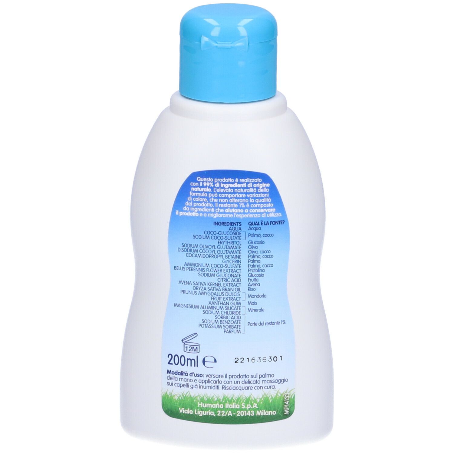 Retro di un flacone bianco con tappo blu. Testo: ingredienti, 200ml, Humana.