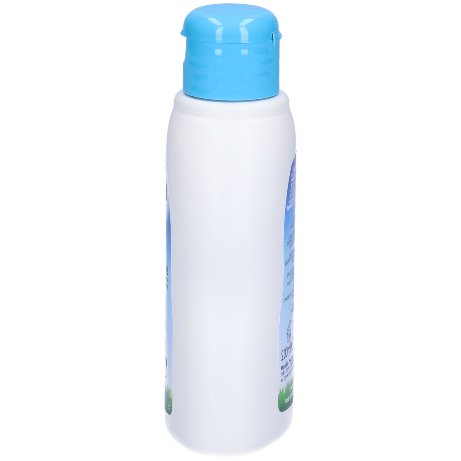 Flacone bianco con tappo blu, vista laterale. Scritta: Humana BabyCare Shampoo Anti-lacrime.