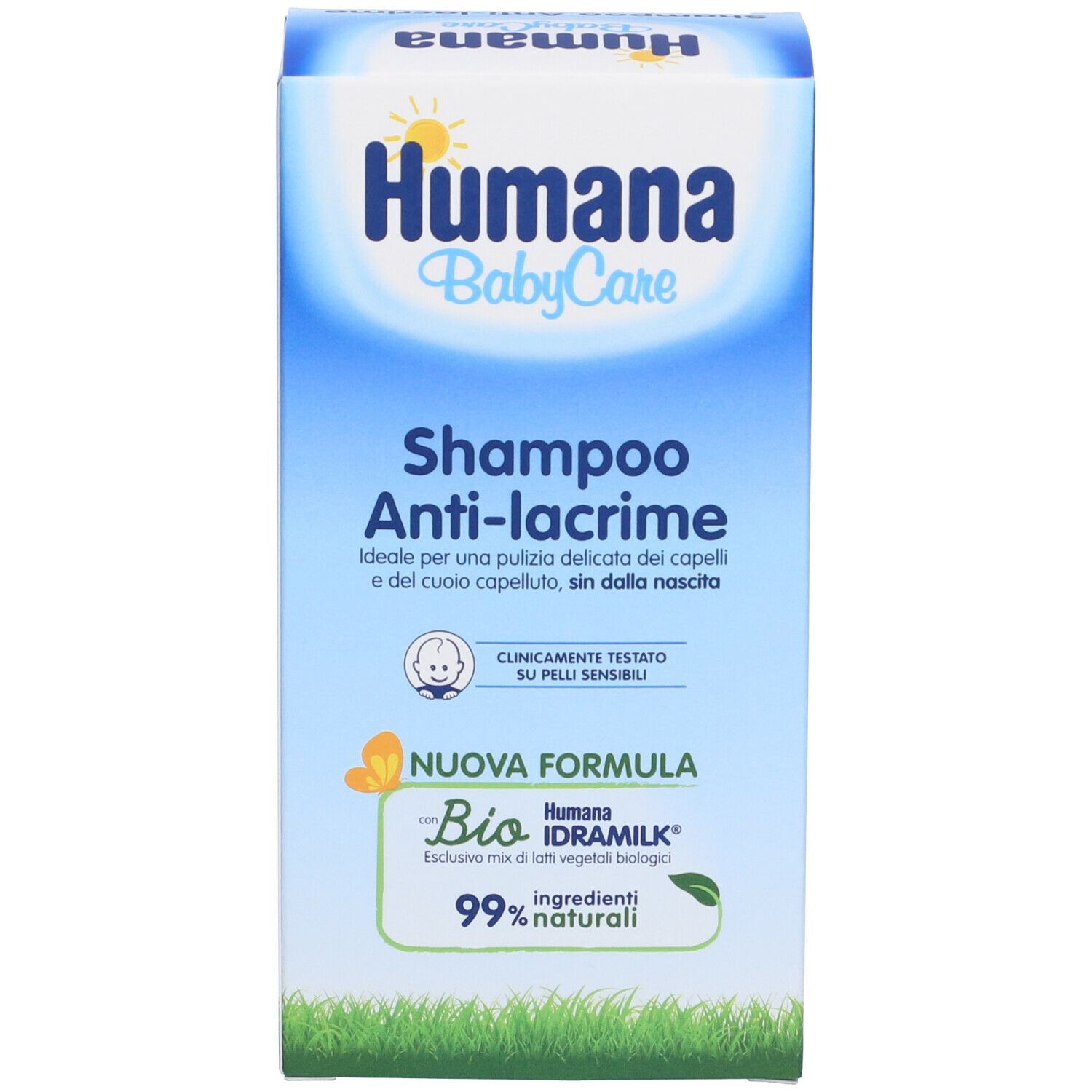 Confezione del prodotto. Scritta: Humana BabyCare Shampoo Anti-lacrime. Con certificazione bio.