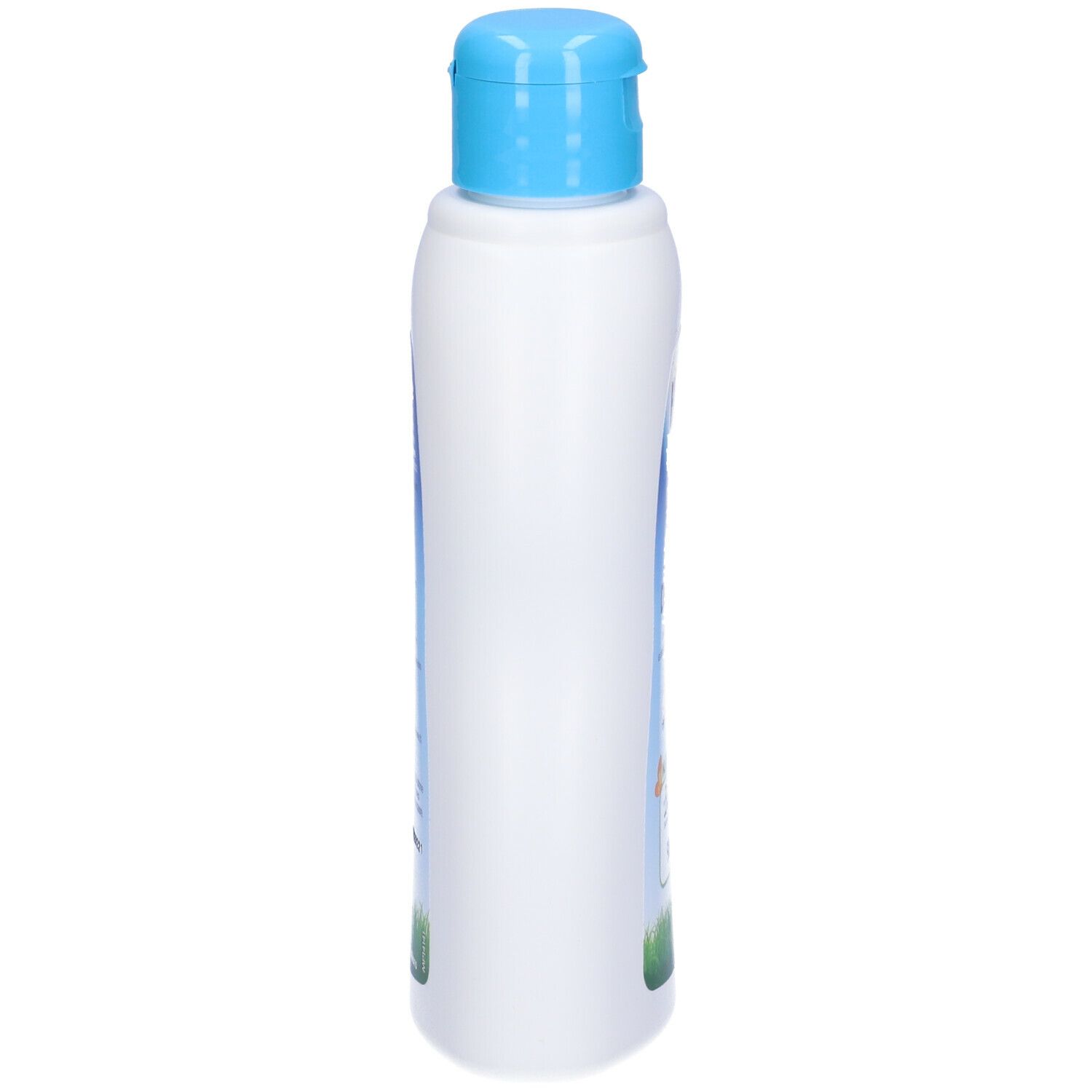 Flacone bianco con tappo blu, vista laterale. Scritta Humana BabyCare Latte Detergente.