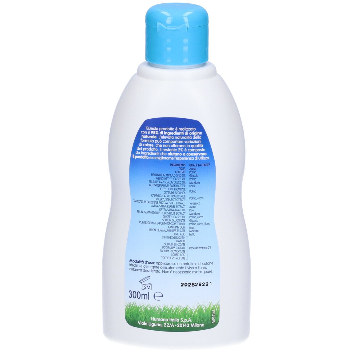 Retro di un flacone bianco con tappo blu. Testo con ingredienti e istruzioni per l'uso.