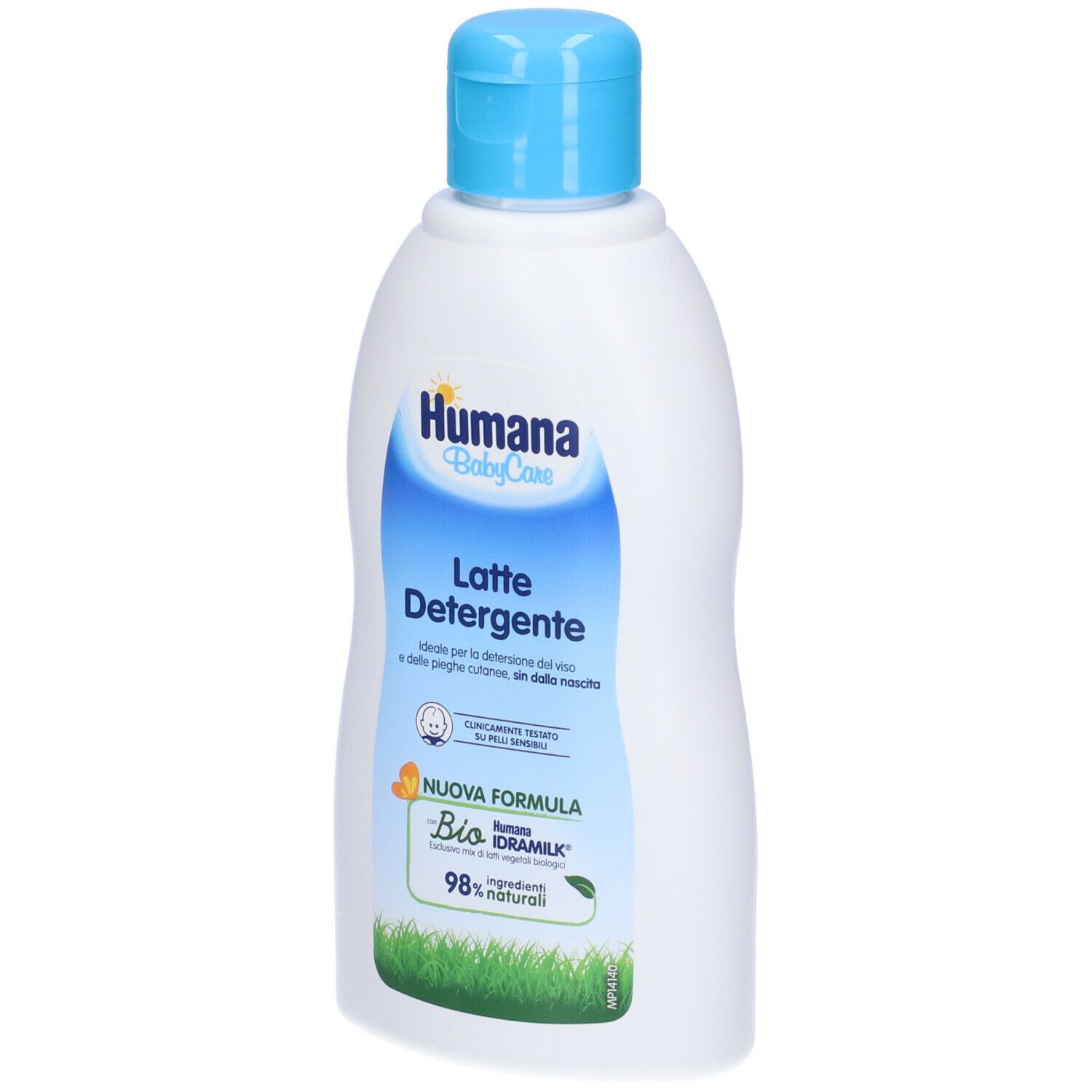 Flacone bianco con tappo blu. Scritta Humana BabyCare Latte Detergente. Grafica verde e bianca.