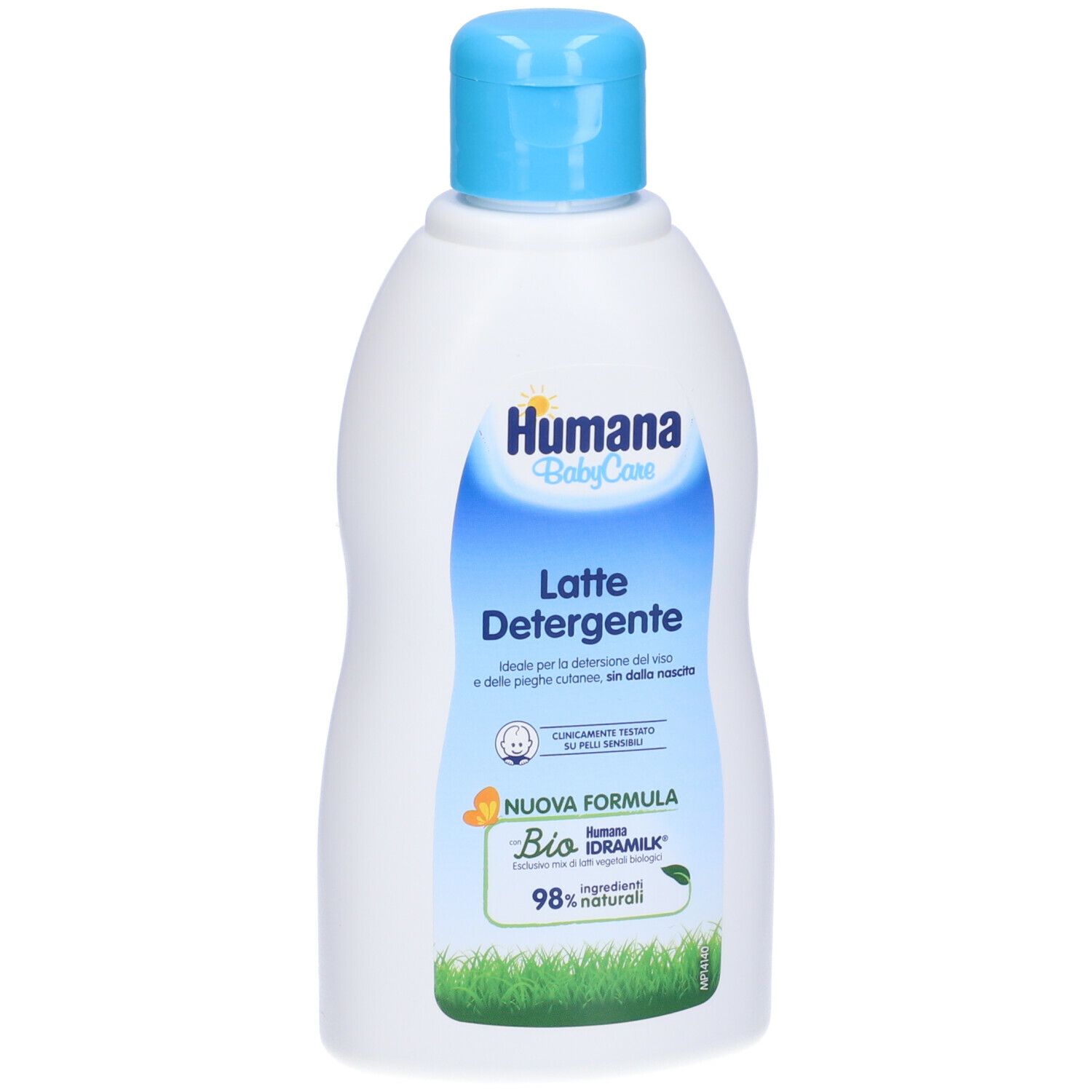 Flacone bianco con tappo blu. Scritta Humana BabyCare Latte Detergente. Grafica verde e bianca.
