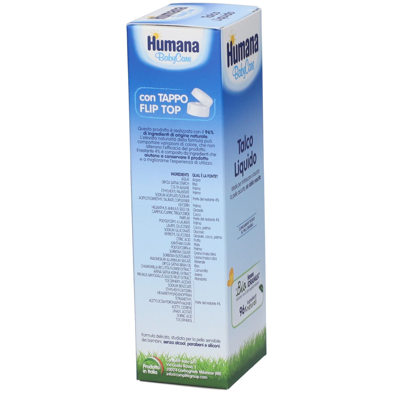 Humana BabyCare Talco Liquido Karton mit Flip-Top-Verschluss und grünen Akzenten.
