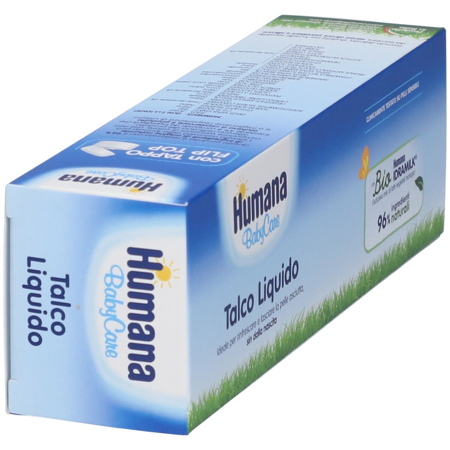 Verpackung von Humana BabyCare flüssigem Babypuder mit "Bio-Drainilx"-Hinweis.