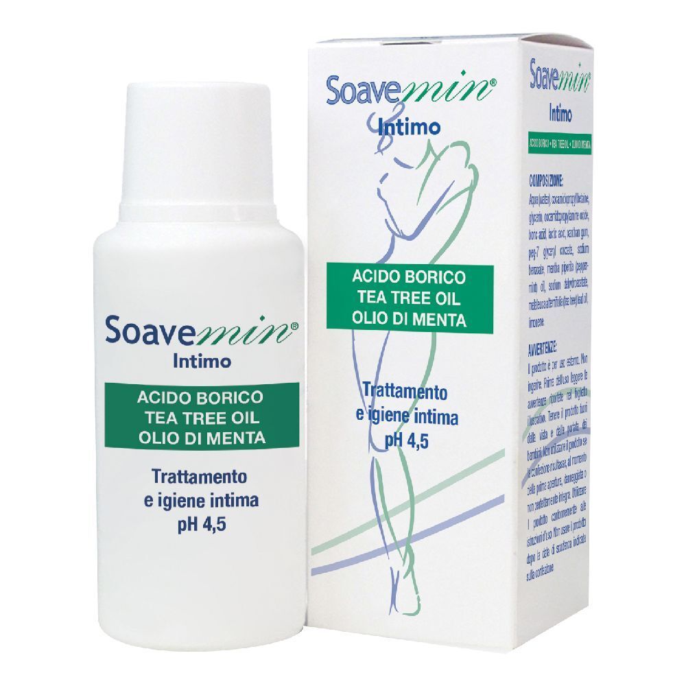 Flacone e scatola bianchi. Scritto: Soavemin Intimo, Acido borico, Tea Tree Oil, Olio di Menta. pH 4,5.
