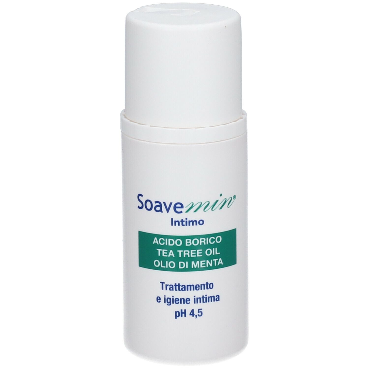 Flacone bianco con tappo bianco. Scritto: Soavemin Intimo, Acido borico, Tea Tree Oil, Olio di Menta. pH 4,5.