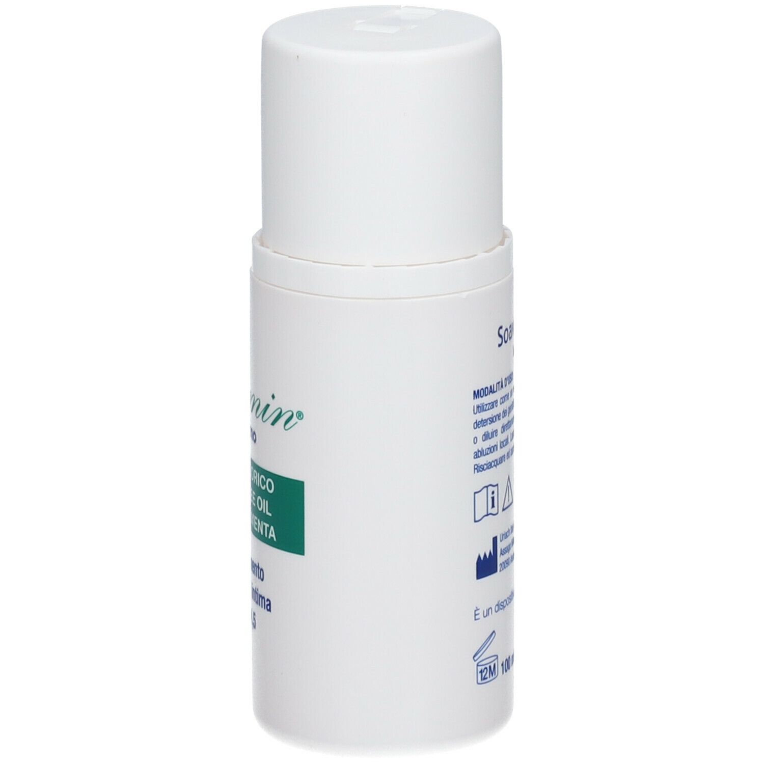 Flacone bianco con tappo bianco. Scritto: Soavemin Intimo, Acido borico, Tea Tree Oil, Olio di Menta. pH 4,5.