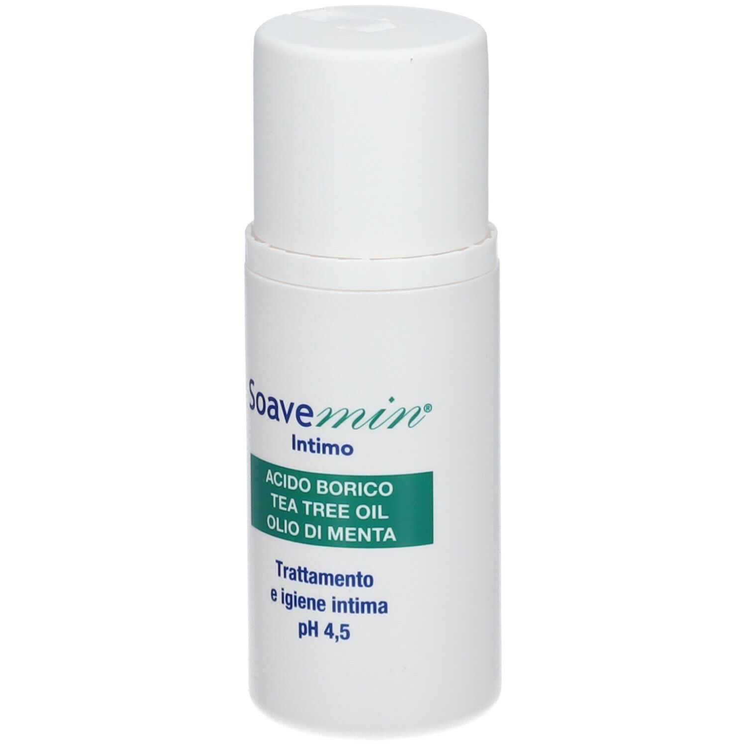 Flacone bianco con tappo bianco. Scritto: Soavemin Intimo, Acido borico, Tea Tree Oil, Olio di Menta. pH 4,5.
